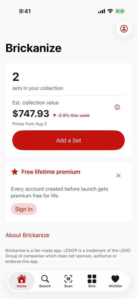 The home screen showing set count and estimated collection value